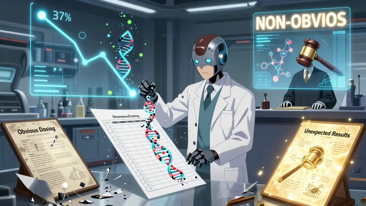 A robot scientist analyzes a dosing schedule as shattered patents crumble, with one glowing patent labeled 'Unexpected Results' standing tall.