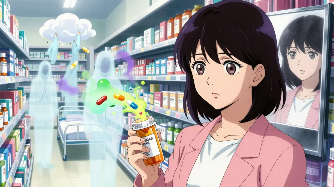 A woman in a pharmacy watching her pill change shape and color, with ghostly images of seizures and anxiety rising around her.
