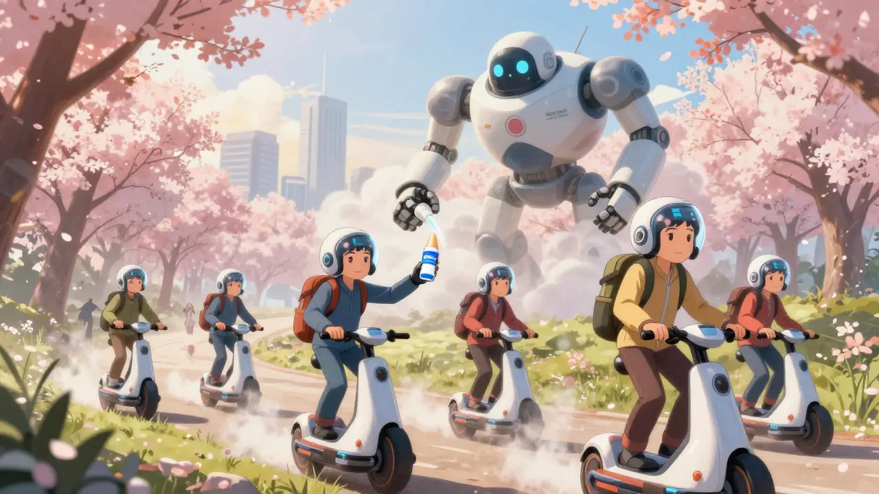 Allergy sufferers ride hover-bikes under a guardian robot releasing calming mist, with nasal spray in hand amid blooming pollen clouds.