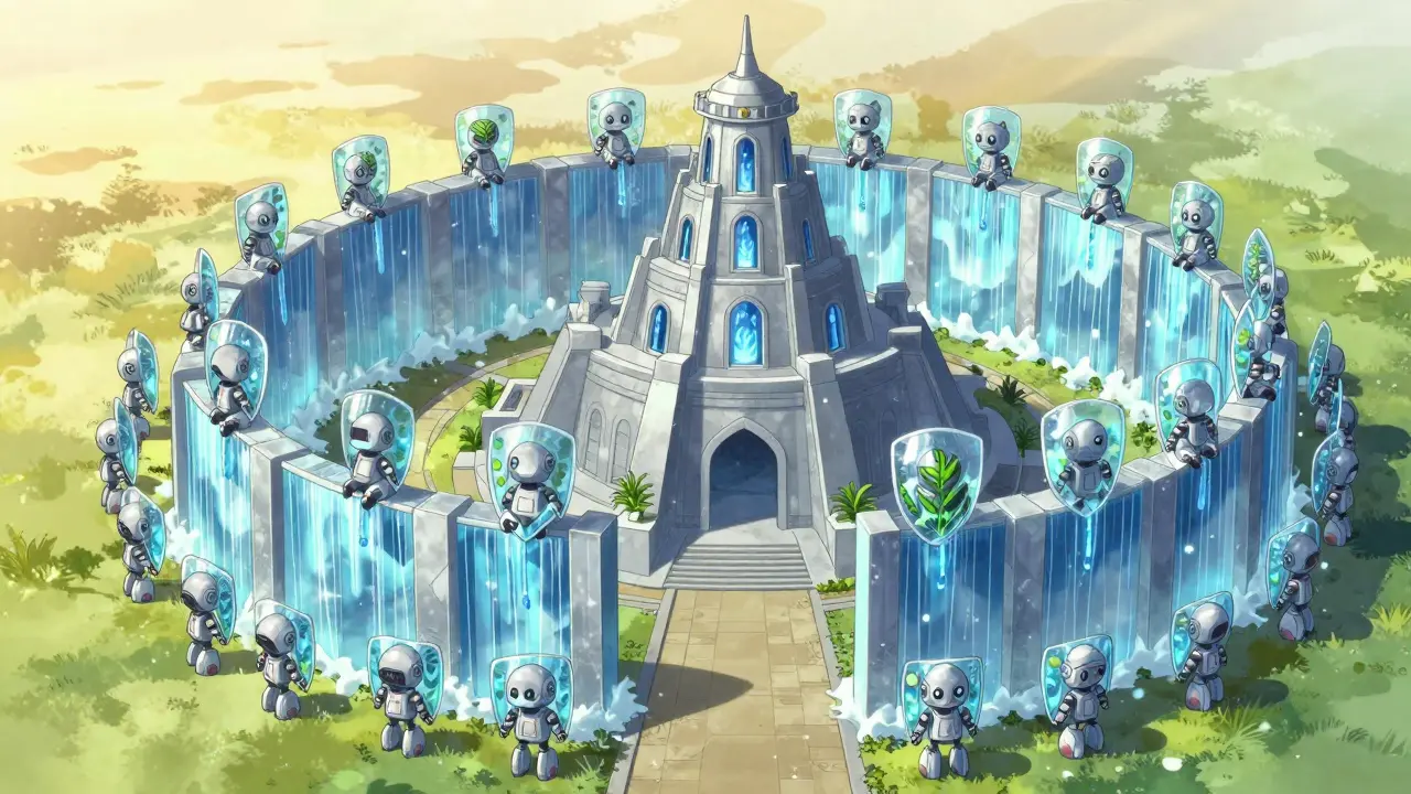 Defensive shield around a city representing prevention strategies for recurrent illness.