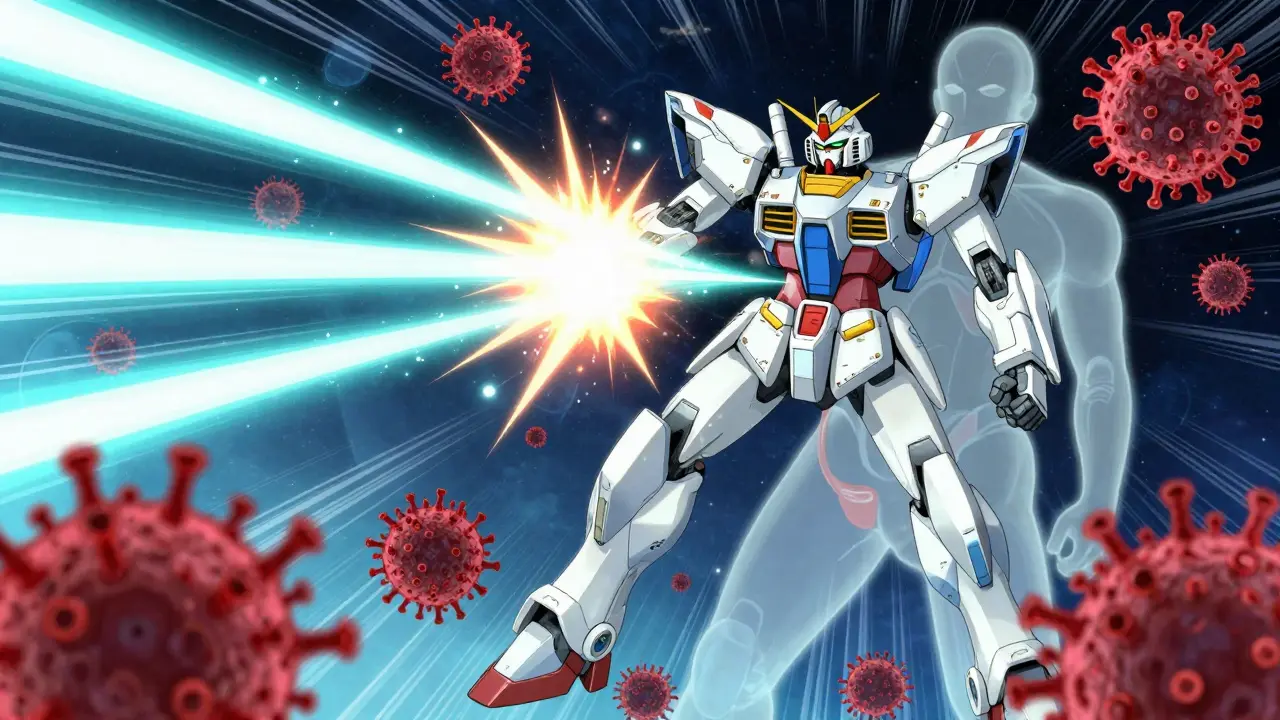 Giant robot fighting disease germs to restore health and prevent infection spread.