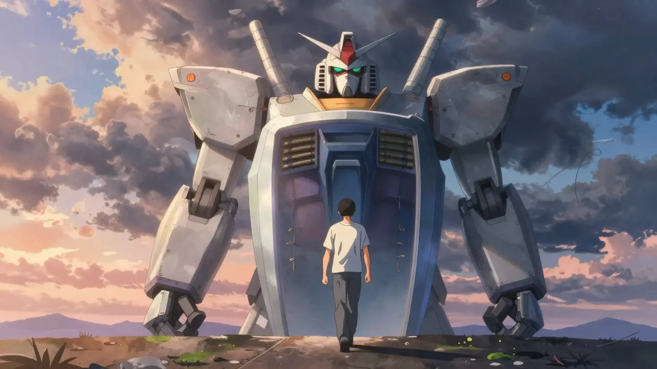 Guardian robot shield protecting a patient from storm clouds in bright morning light.