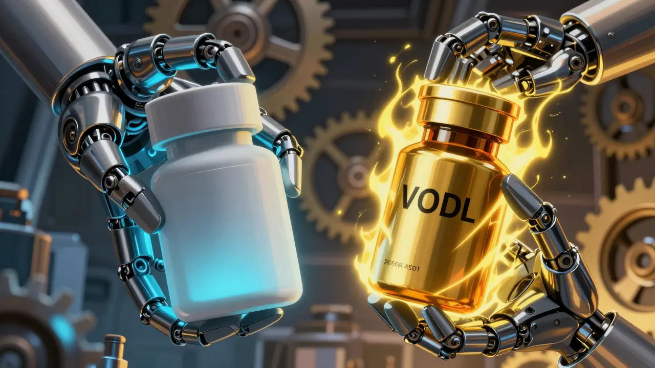 Mechanical hands comparing generic versus branded medication vials with energy effects.