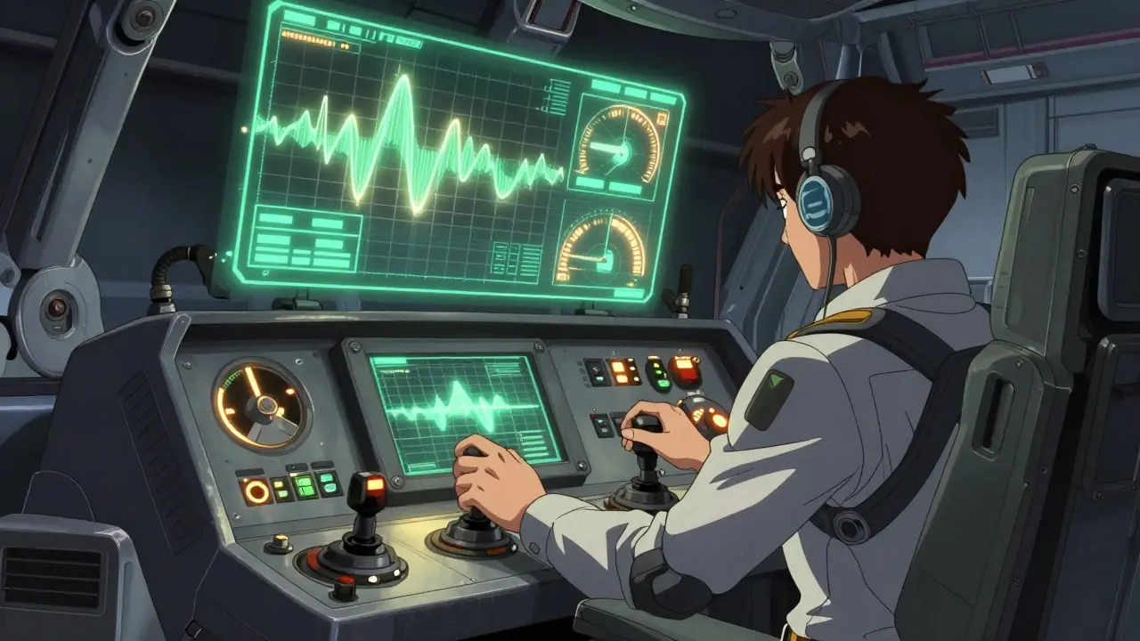 Pilot inside robot cockpit monitoring energy levels.