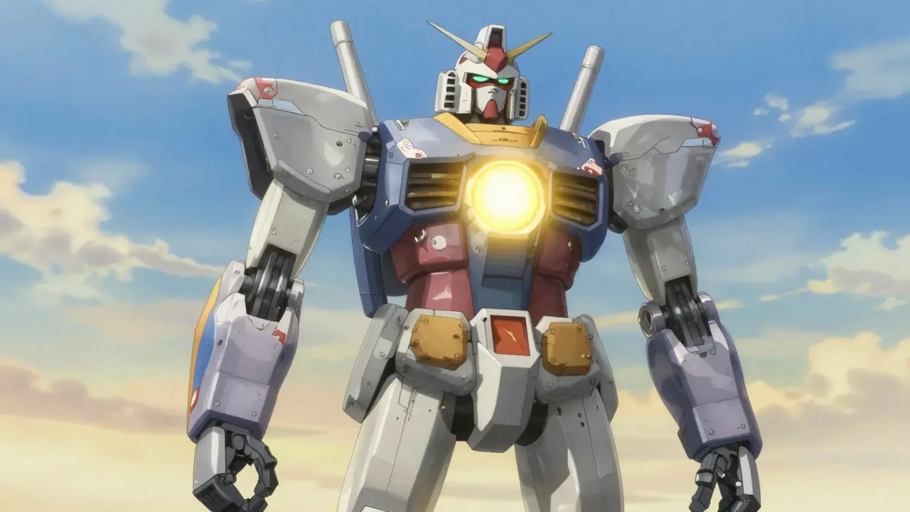 Repaired robot standing with glowing balanced energy core.