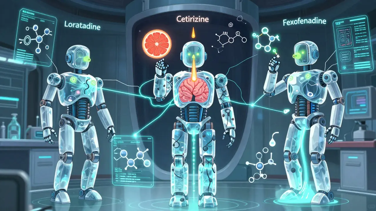 Three molecular robot units analyze allergy pathways, avoiding the brain zone and reacting to grapefruit juice warnings.