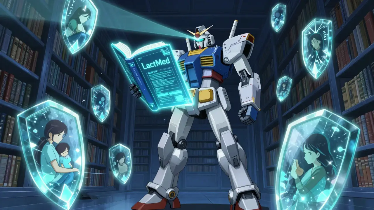 A high-tech robot scanning a digital medical database to ensure breastfeeding safety.