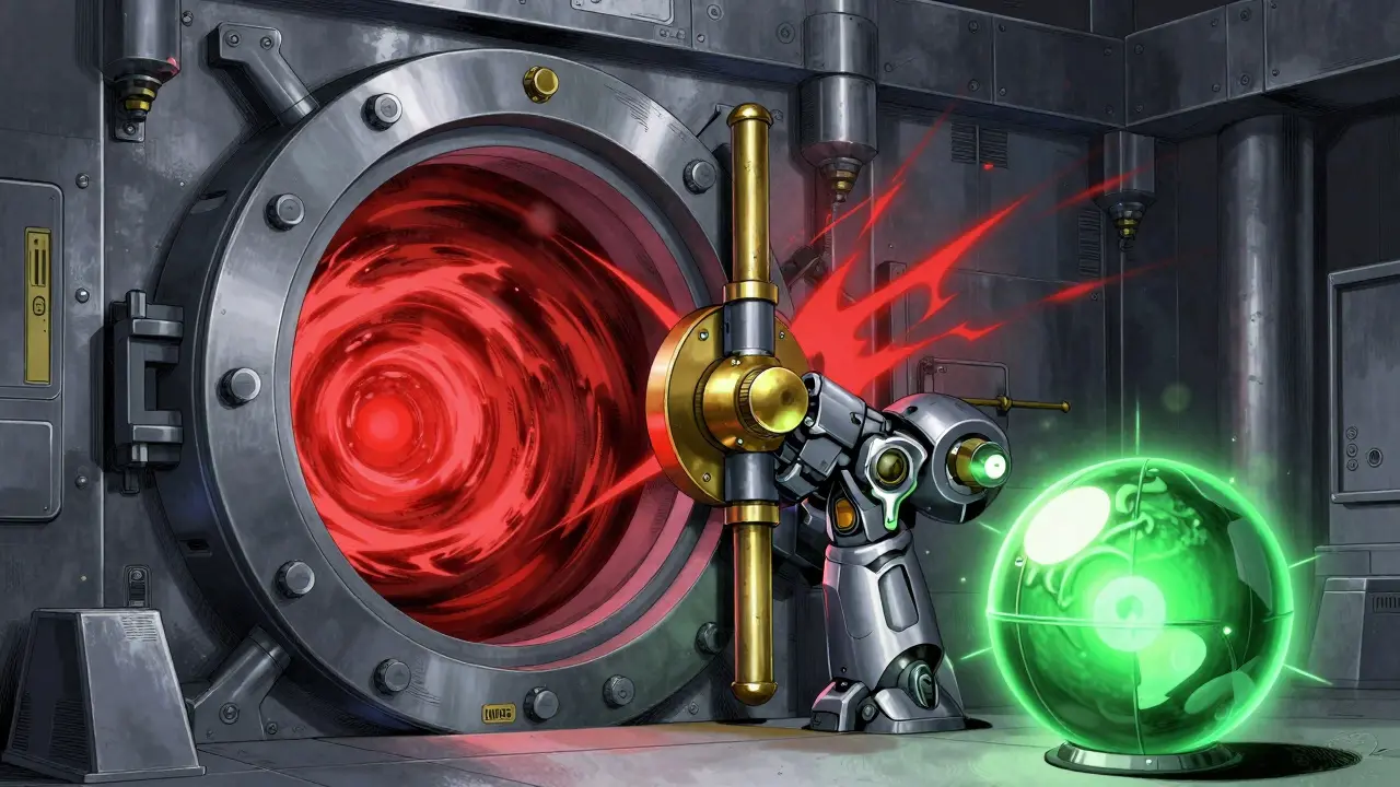 A massive robot arm locking a metallic vault door to symbolize a liability cap in a business contract.