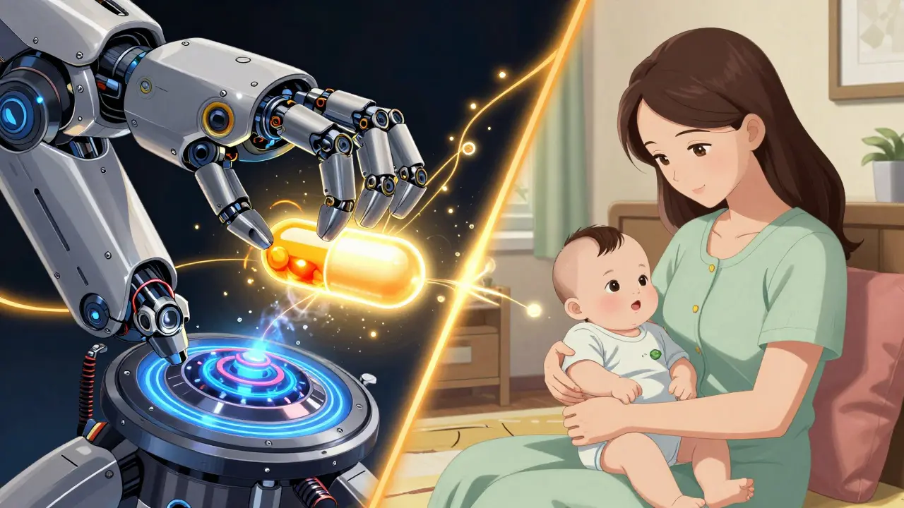 Anime scene showing the safe transfer of medication as a thin gold line of light.