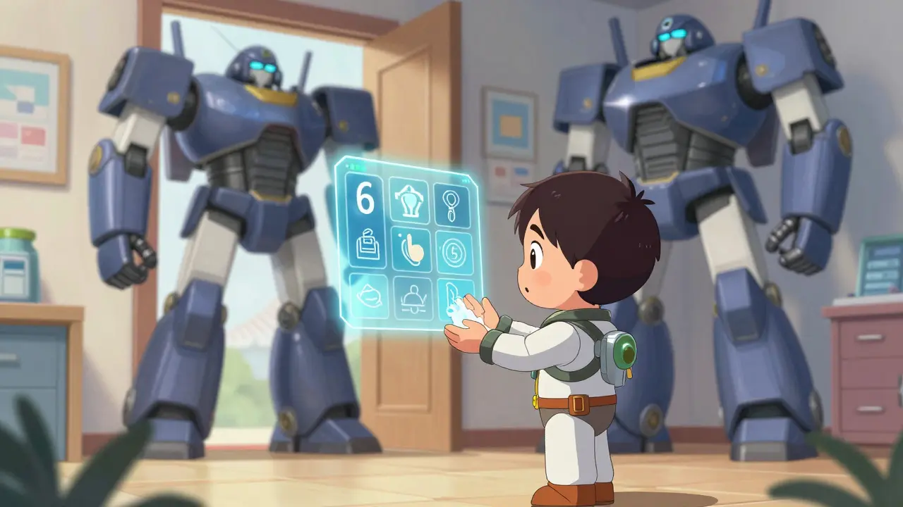 Child pilot following a holographic hand-washing guide in a mecha world.