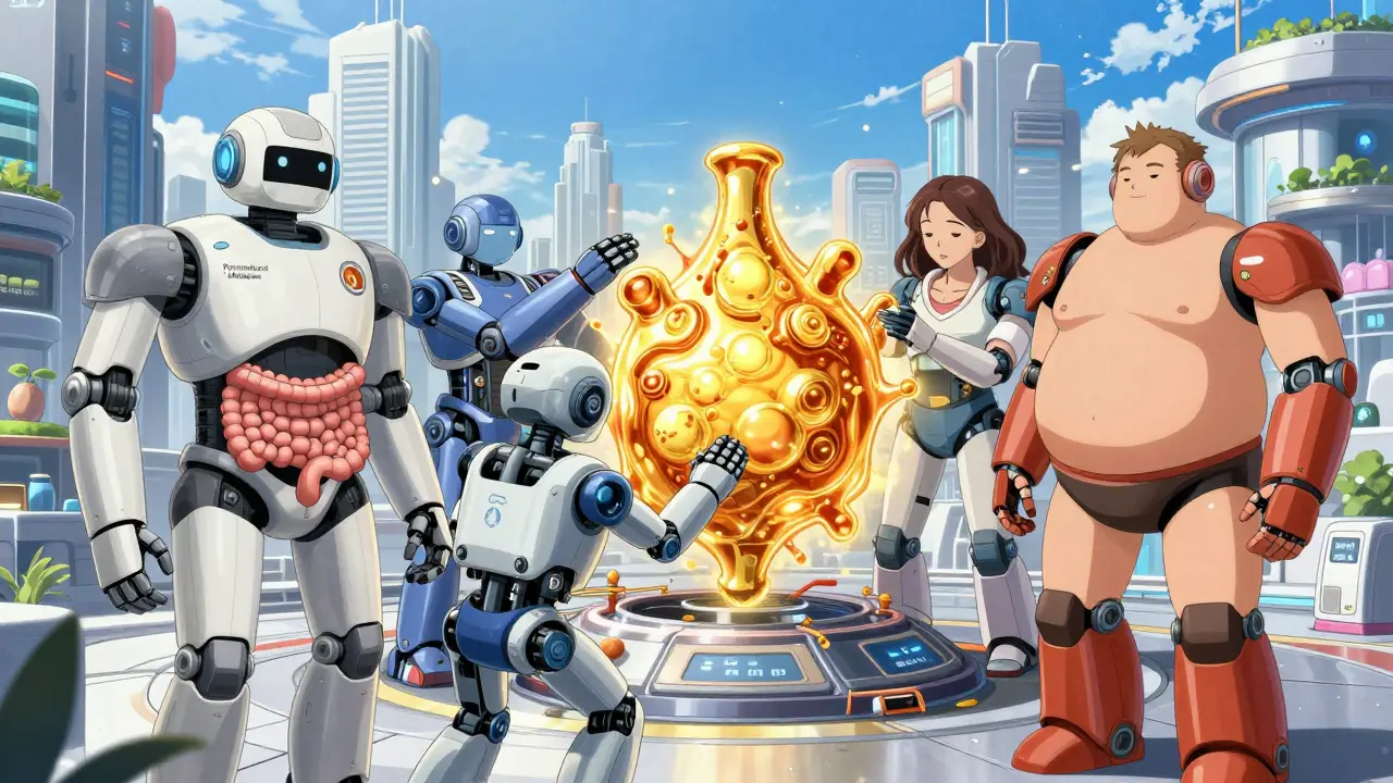 Different specialized robots collaborating to build a golden core of metabolic health.