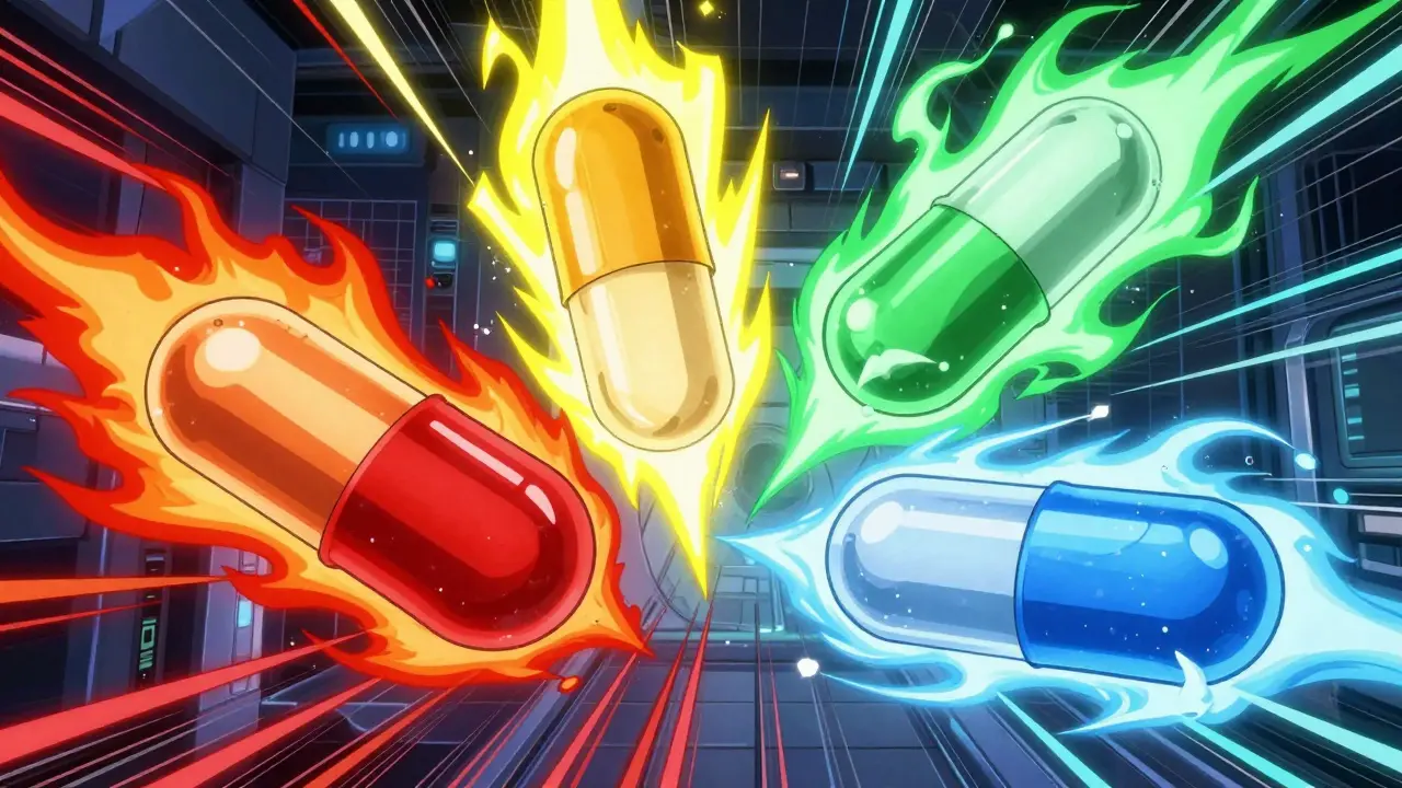 Four medicine capsules with red, yellow, green, and blue energy auras in super robot anime style.