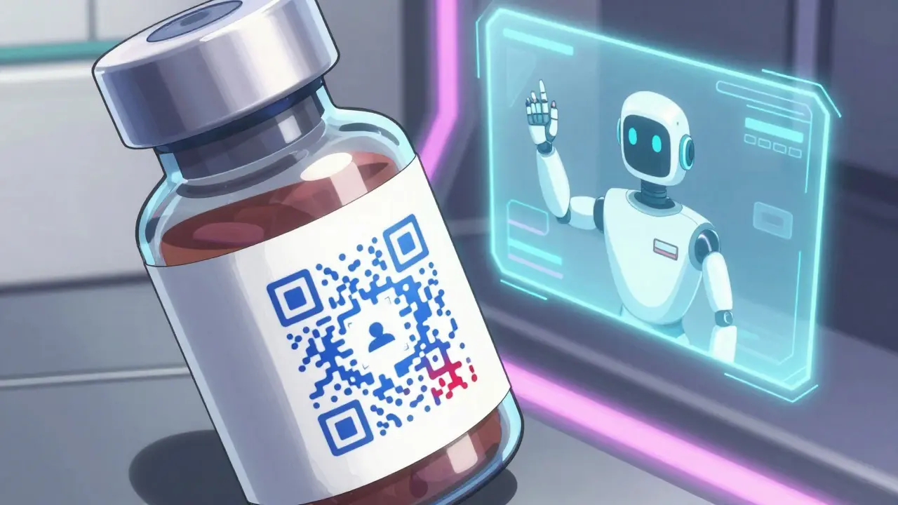 Futuristic medicine bottle with a holographic QR code and color-changing label in anime style.