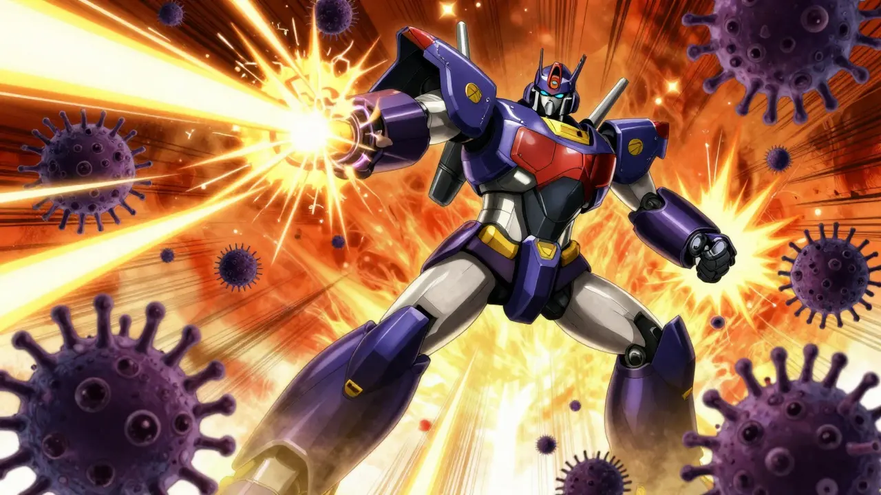 Giant mecha robot fighting dark bacterial monsters with a glowing energy blast