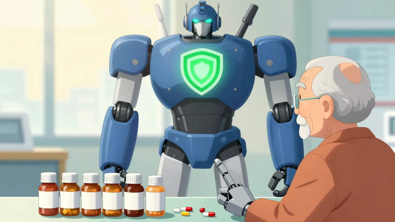 Giant robot providing a protective shield for a patient with organized medications
