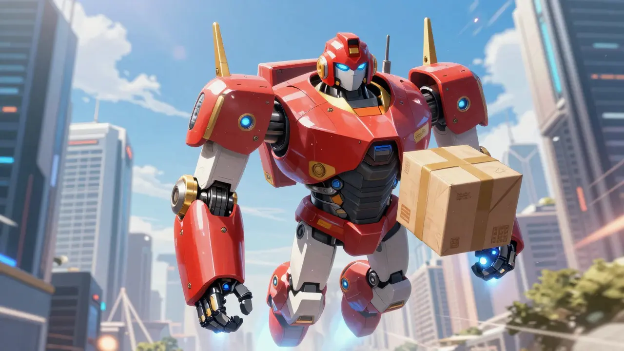 Heroic red and white delivery robot flying through a futuristic city with a package
