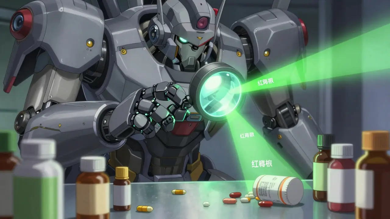 Mechanical robot using a scanning lens to analyze medicine bottles for safety