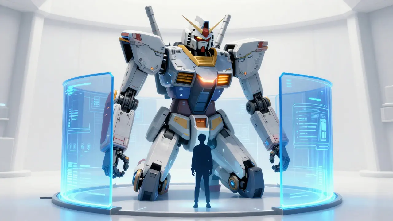 Robot guardian kneeling beside protected human figure