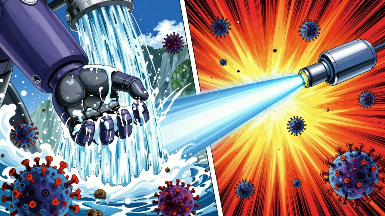 Robot hand fighting germs with soap and alcohol energy beams.