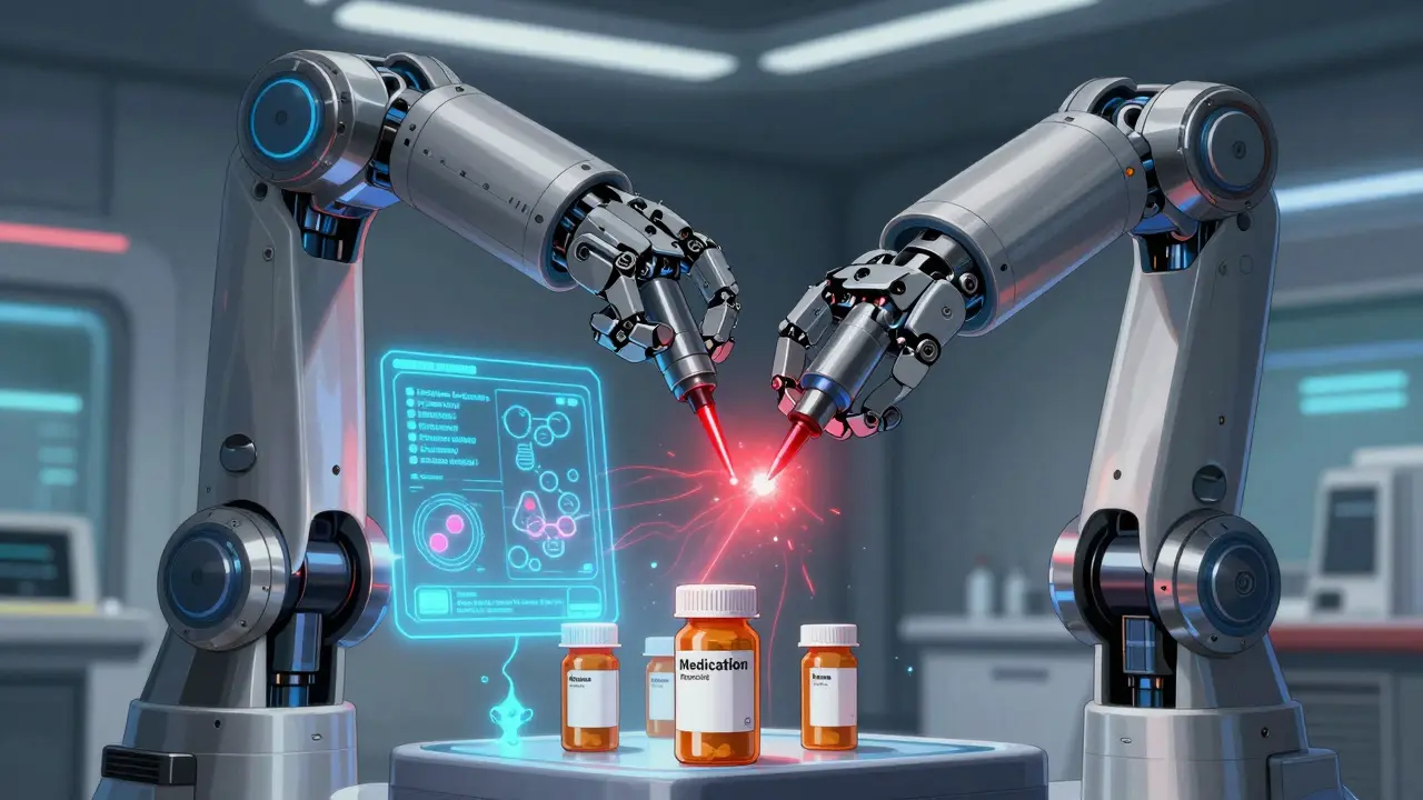 Robotic arm scanning prescription bottles with laser beams for medication reconciliation.