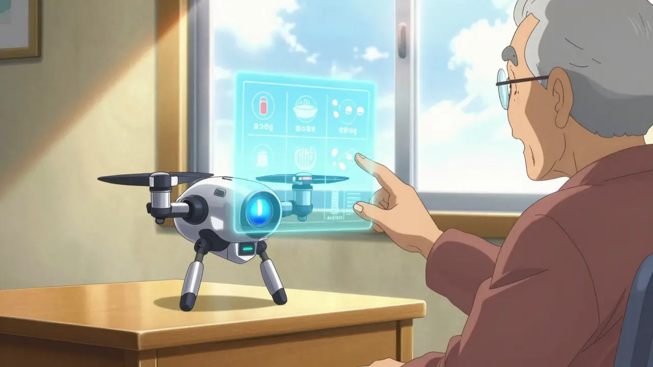 Small companion robot drone projecting a holographic medication alarm for a senior.