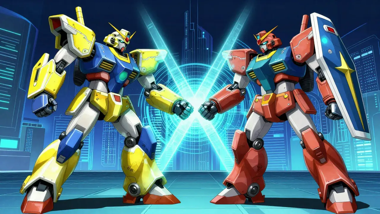 Two super robots in a balanced struggle with holographic shields representing mutual protection.